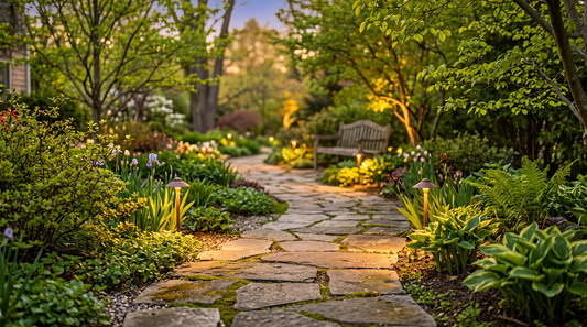 Garden path lights illuminating a walkway at night