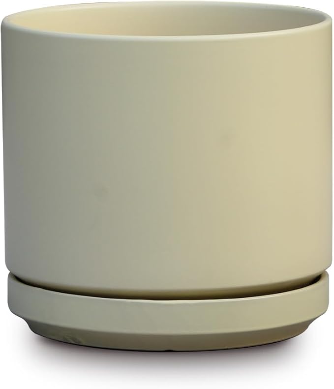 PLANTATOREM Ceramic 14 Inch Mid Modern Planter Pot with Drainage Hole and Saucer, Indoor Cylinder Round Flower Pot, Perfect for Planting Succulents, Herbs, Flowers, House Plants, Cloud White