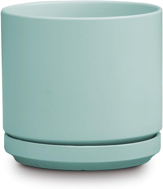 PLANTATOREM Ceramic 12 Inch Mid Modern Planter Pot with Drainage Hole and Saucer, Indoor Cylinder Round Flower Pot, Perfect for Planting Succulents, Herbs, Flowers, House Plants, Tea Green