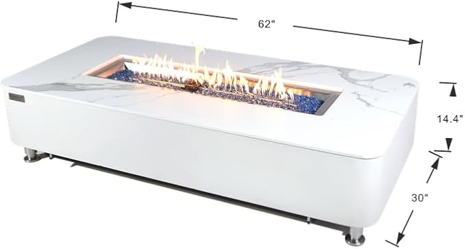 Elementi+ | Athens Gas Fire Pit | Cast Concrete Body & Marble Porcelain Top | 62" Rectangular Fire Table | Electronic Ignition | Canvas Cover, Fire Glass & Burner Lid Included | White | Propane Gas