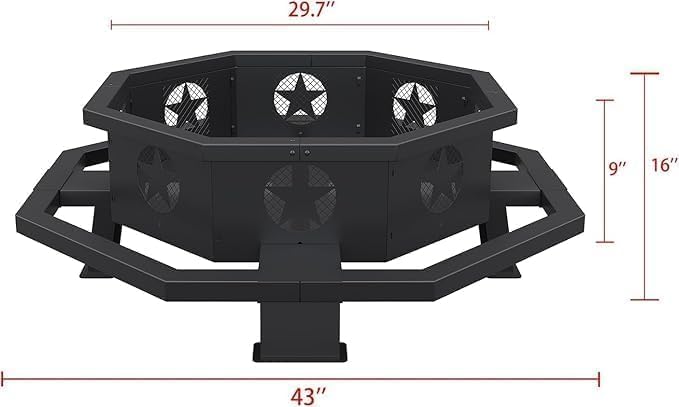 43 inch Large Fire Pit, Outdoor Fire Pit with Heavy Duty Construction, Wood Burning Fire Pits for Outside Octagonal Firepit for Camping, Backyard, Patio, Black