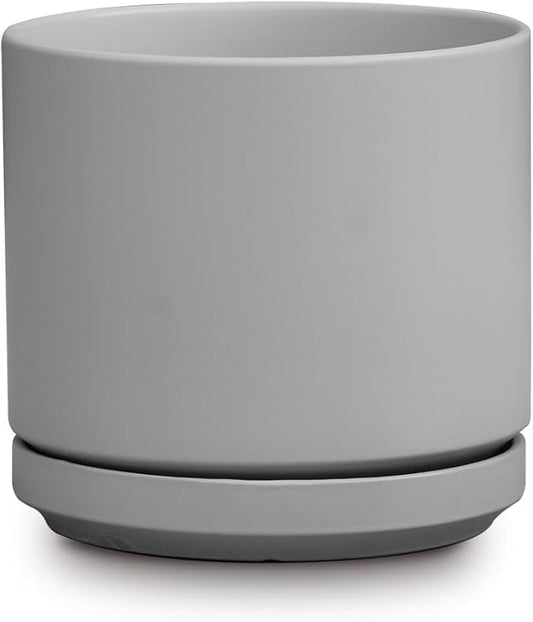 PLANTATOREM Ceramic 12 Inch Mid Modern Planter Pot with Drainage Hole and Saucer, Indoor Cylinder Round Flower Pot, Perfect for Planting Succulents, Herbs, Flowers, House Plants, Heather Grey