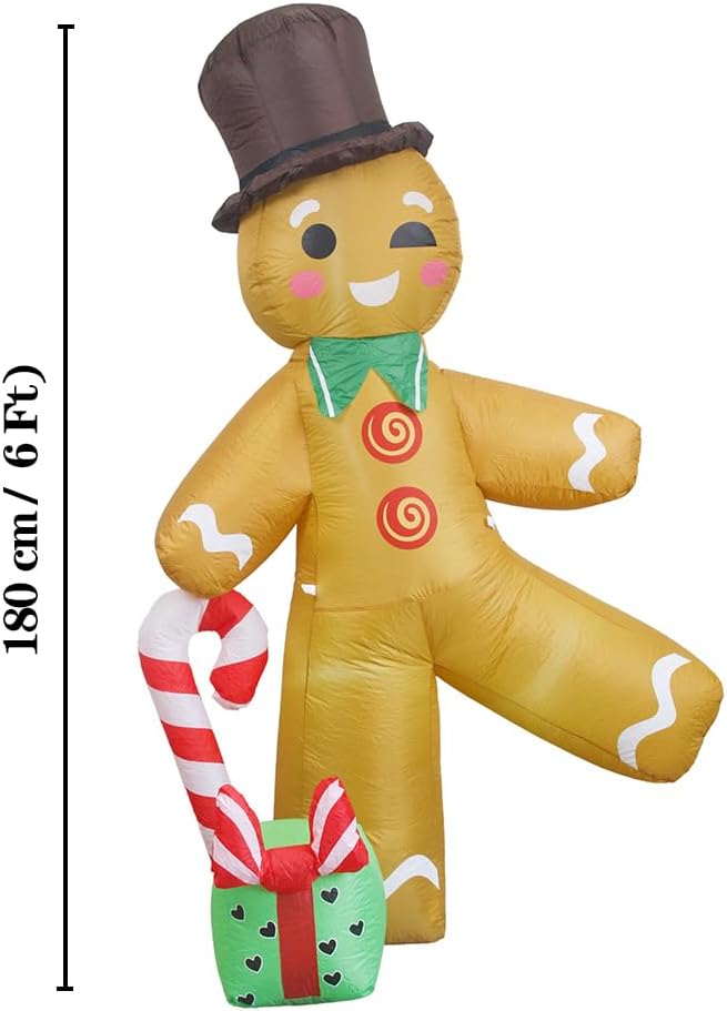 Christmas Inflatable Gingerbread Man with Top Hat, Lighted Gingerbread Man Decoration with Candy Cane & Gift Box, Outdoor Indoor Holiday Blow Up Decor for Yard Lawn Garden