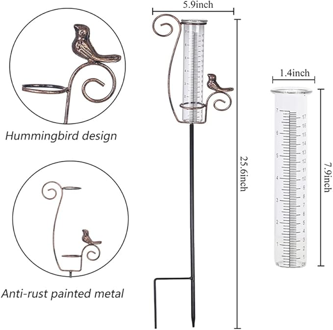 Rain Gauge Outdoor,7" Glass Rain Gauge with Metal Stake, Decorative Bird Rain Gauge for Yard Garden Lawn Decor