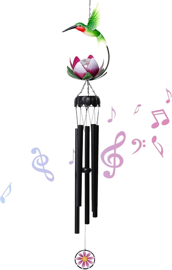 MUMTOP Solar Wind Chimes for Outside - Hummingbird with Lotus Crack Glass Ball Lights Wind Chimes Outdoor Unique, Windchimes Clearance for Garden, Patio,Yard Decor Gift