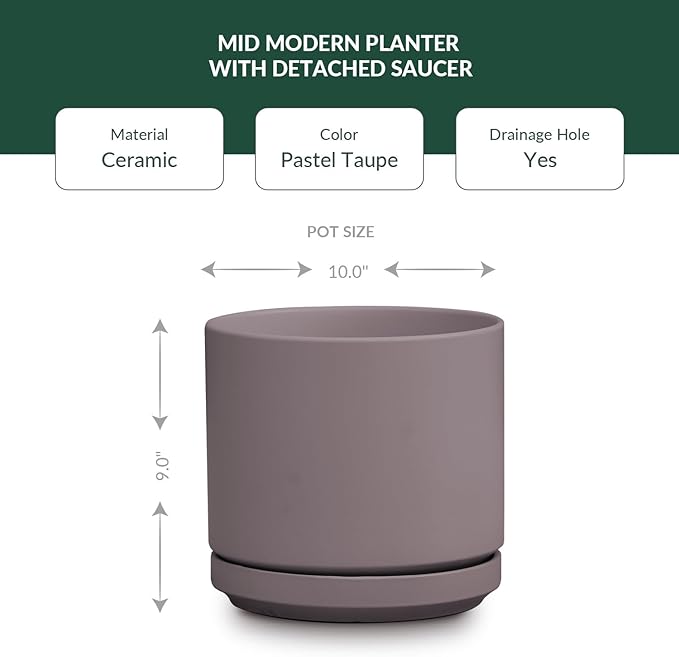 PLANTATOREM Ceramic 10 Inch Mid Modern Planter Pot with Drainage Hole and Saucer, Indoor Cylinder Round Flower Pot, Perfect for Planting Succulents, Herbs, Flowers, House Plants, Pastel Taupe
