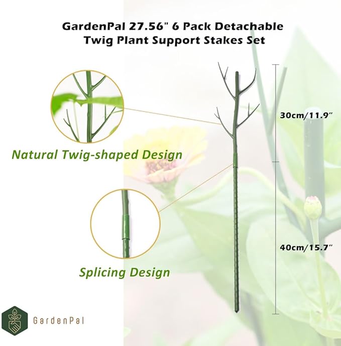 GardenPal 27.56" 6 Pack Detachable Twig Plant Support Stakes, Branch Sticks with Orchid Clips and Twist Ties, Blends with Plants - Ideal Plant Stakes for Indoor/Outdoor Use