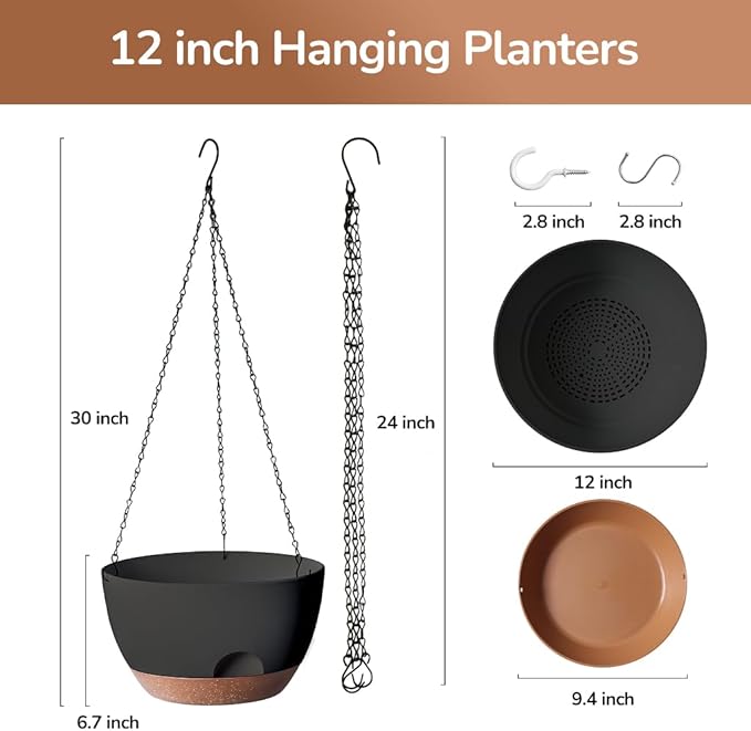 Set of 2-12 Inch Hanging Planter, Self-Watering Hanging Planters for Indoor Plants & Outdoor, Plant Hanger Indoor, Hanging Plant Pot with Drainage (Black)