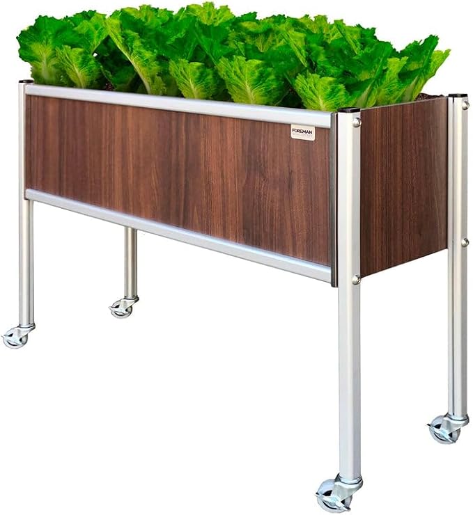 Foreman Raised Garden Bed 36”Lx12”Wx27”H Premium HPL Plastic Wood Grain Aluminum Legs with Lockable Wheels Elevated Planter Box for Backyard Patio Balcony, Tosca