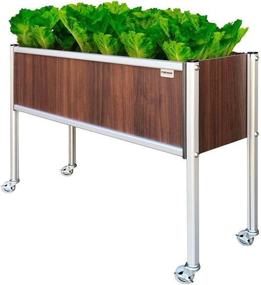 Foreman Raised Garden Bed 36”Lx12”Wx27”H Premium HPL Plastic Wood Grain Aluminum Legs with Lockable Wheels Elevated Planter Box for Backyard Patio Balcony, Tosca
