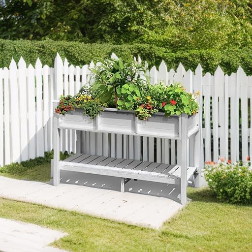 DWVO 48x18x30in Raised Garden Bed, Poly Wood Planter Box Stand,Weather Resistant Planter Box with Legs & Storage Shelf, Elevated Garden Bed for Backyard, Patio, Balcony,White