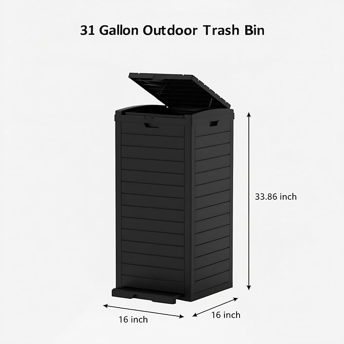 31 Gallon Resin Trash Can Cabinet with Lid & Drip Tray - Waterproof Outdoor Garbage Bin for Patio, Kitchen, Yard, and Entertaining Areas - Easy Assembly, No Tools Required