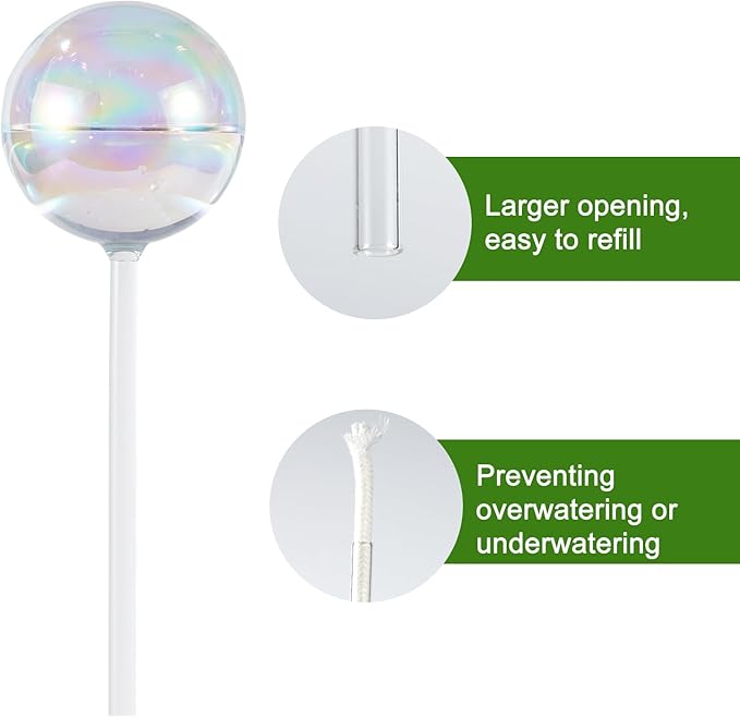 13 oz Up to 15 Days Extra Large Plant Watering Globes 2PCS, Light Iridescent Glass Self Water Bulbs for Indoor Outdoor Plants, Vacation Automatic Planter Waterer System Self-Watering Stakes