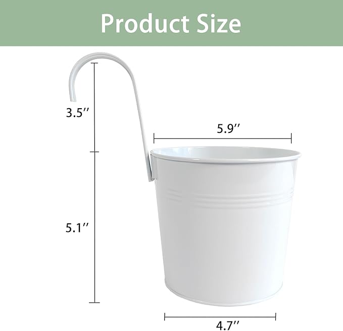Pack of 4 Hanging Flower Pots, 6" White Metal Balcony Planters for Herb Succulent, Samll Railing Fence Hanging Bucket for Outdoor/Indoor Decoration (White, Pack of 4)