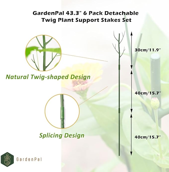 GardenPal 43.3" 6 Pack Detachable Twig Plant Support Stakes, Branch Sticks with Orchid Clips and Twist Ties, Blends with Plants - Ideal Plant Stakes for Indoor/Outdoor Use