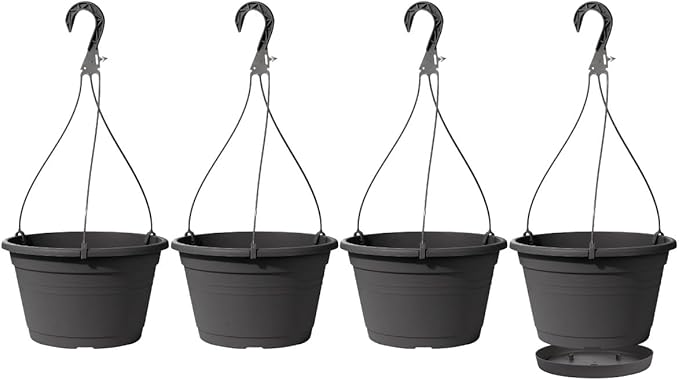 VIDELLY 4 Pcs Hanging Planters,10" Hanging Pots Plastic Hanging Flower Plant Basket Pots with Drainage Trays & Chain Holder for Outdoor Indoor Plants Garden Balcony Decoration, Dark Gray