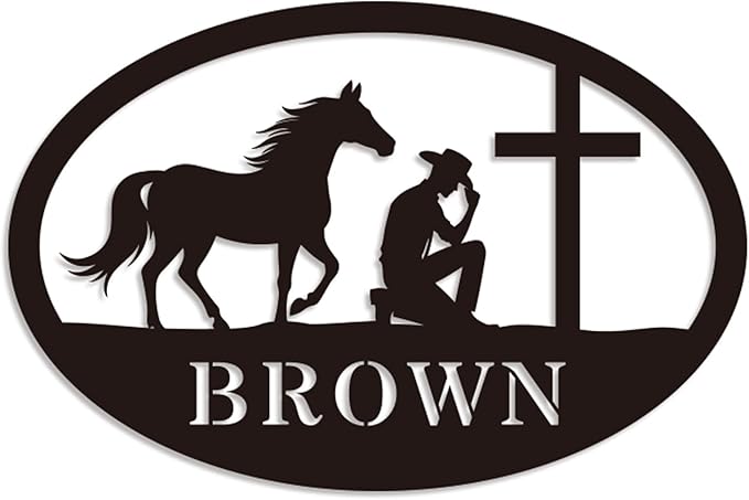 Personalized Metal Sign Custom Praying Cowboy or Cowgirl With Horse Kneeling at Cross Name Western Wall Art Faith Decor Gift