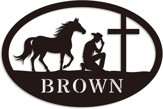 Personalized Metal Sign Custom Praying Cowboy or Cowgirl With Horse Kneeling at Cross Name Western Wall Art Faith Decor Gift