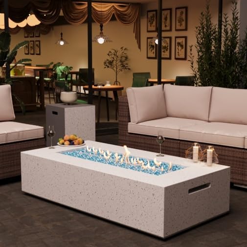 2-Piece Outdoor Propane Fire Pit Table Set – Premium Terrazzo-Like MgO Finish, Sturdy & Waterproof 56-Inch Gas Fire Table with Tank Table, Garden & Backyard, Includes Rain Cover & Glass Beads