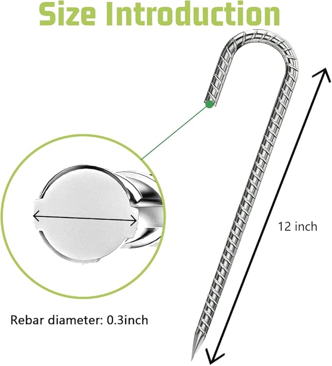 Rebar-Stakes-12-Inch, Ground Stakes Heavy Duty J-Hook Galvanized Anti-Rust Heavy Duty Ground Anchors for Garden Dog Fence Chicken Coop Christmas Decorations Deer Fence 4pcs