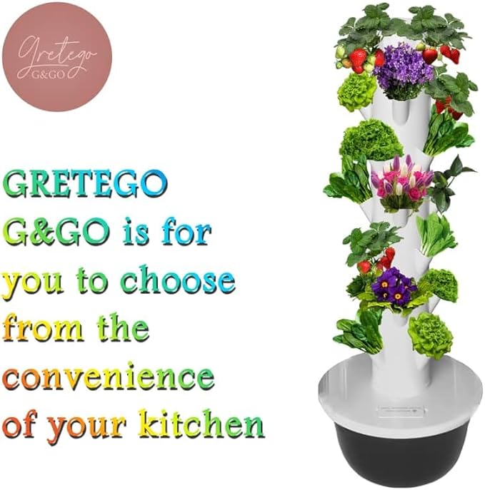 GRETEGO G&GO Hydroponics Growing System Kit with LED Grow Lights, Aero Gardening System, Hydroponic Tower, 28 Net Pots, Tomato, Green Salad, Strawberry Tower for Your Indoor Vegetable Garden