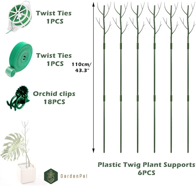 GardenPal 43.3" 6 Pack Detachable Twig Plant Support Stakes, Branch Sticks with Orchid Clips and Twist Ties, Blends with Plants - Ideal Plant Stakes for Indoor/Outdoor Use