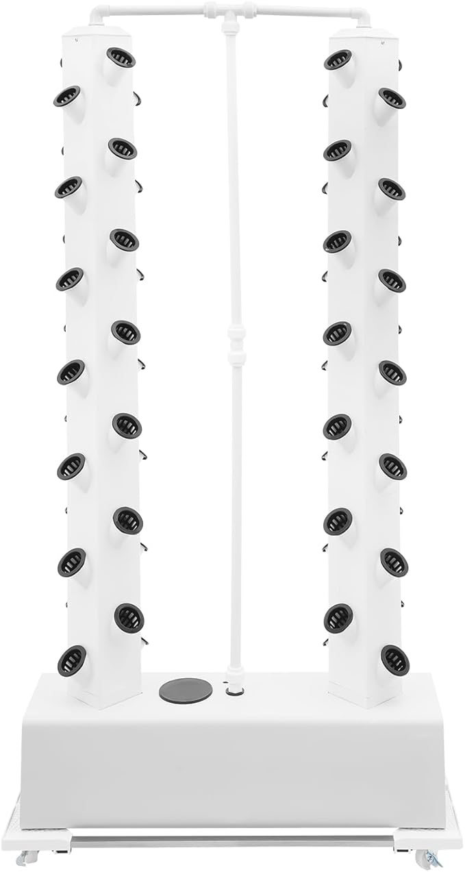 56-Plant Hydroponic Growing System Indoor Outdoor, Garden Vertical Planter Germination Kit with Pump & Wheels, Hydroponics Growing Tower, Smart Vertical Hydroponic Garden Tower, White Base