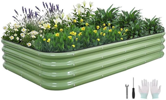 5 in 1Galvanized Raised Garden Bed - 8x3x1ft Modular Garden Planter Bed Outdoor | Steel Raised Bed Kit with Bracing Rods, Gloves for Gardening Vegetables Fruits and Flowers (Green)