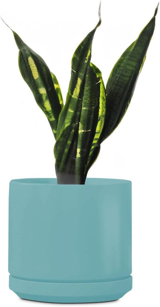 PLANTATOREM Ceramic 12 Inch Mid Modern Planter Pot with Drainage Hole and Saucer, Indoor Cylinder Round Flower Pot, Perfect for Planting Succulents, Herbs, Flowers, House Plants, Aqua Marine Satin