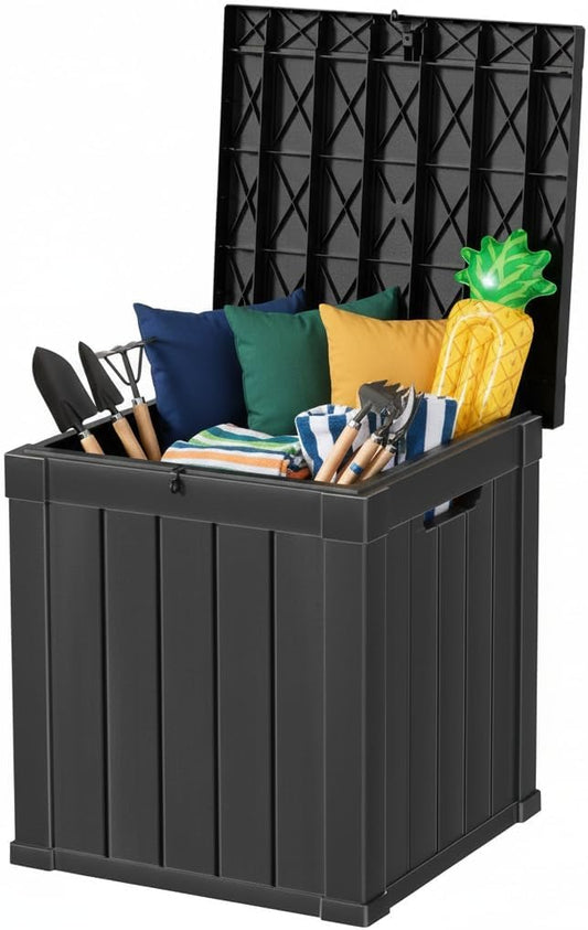 50 Gallon Resin Deck Box with Lockable Lid - Outdoor Waterproof Storage for Patio Furniture, Garden Tools, Cushions & Pool Accessories, Wood Grain Design, All-Weather Durable