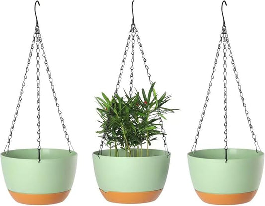 Lookat Set of 3 Self-Watering Hanging Pots for Plants Outdoor Indoor, Hanging Planters with Drainage Hole (8.3inch Green（3 Pieces）)