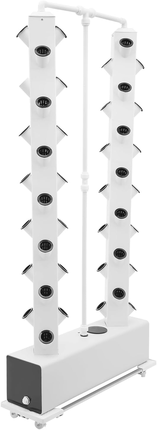56-Plant Hydroponic Growing System Indoor Outdoor, Garden Vertical Planter Germination Kit with Pump & Wheels, Hydroponics Growing Tower, Smart Vertical Hydroponic Garden Tower, White Base