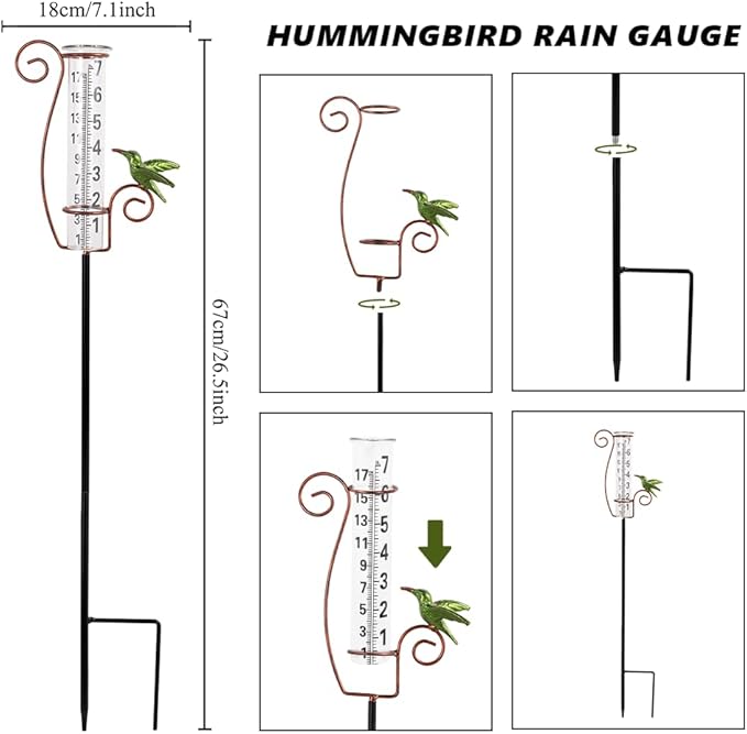 Rain Gauge Outdoor,Hummingbird Rain Gauges,Glass Decorative Rain Guage with Metal Stake for Garden Yard Lawn Decor