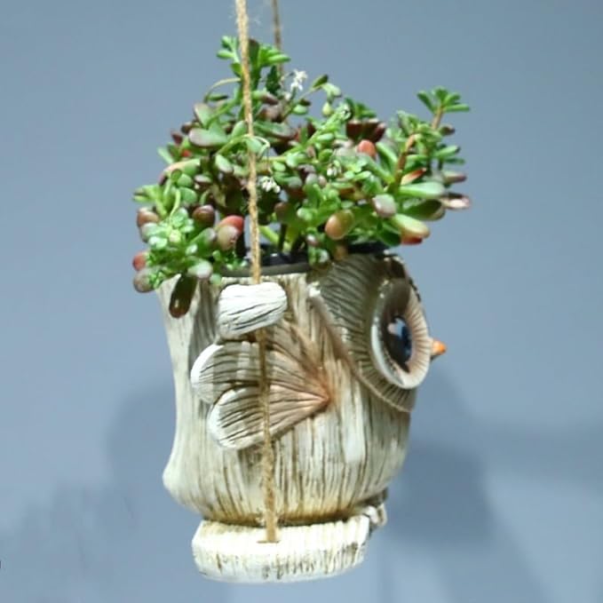 Hanging Planter for Indoor/Outdoor Plant - Swinging owl Planter Pot for Succulents, Small Plants (Animal Home Decor) (White owl)