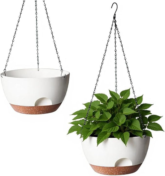 Hanging Planter for Indoor Plants, 10 Inch Self-Watering Hanging Planters with Drainage Holes and Chain, Set of 2 Outdoor Hanging Pots for Garden Home