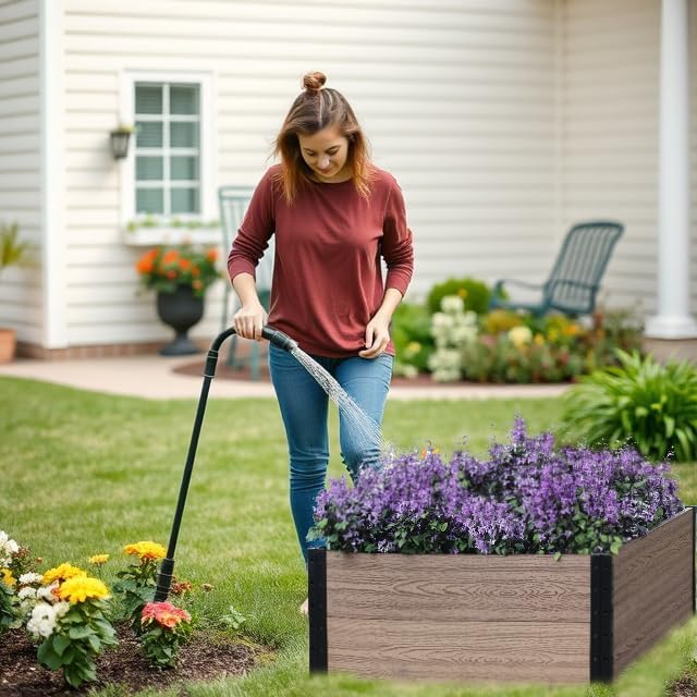 Everbloom Deep-Root Raised Garden Bed, 36"x38"x14",Composite Wood Plastic Planter Box Outdoor, Easy Assembly Brown Rectangle Planter for Vegetables Flowers Herbs,Backyard/Patio/Garden