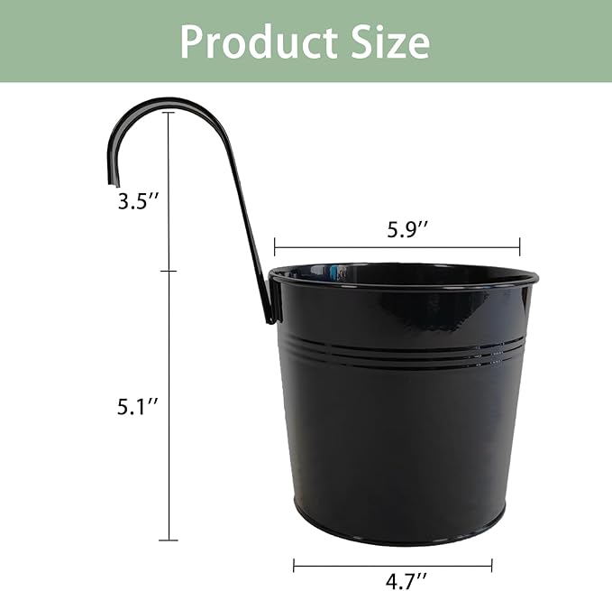 6 Pcs Black Railing Planter, 6 Inch Metal Hanging Planters for Outside Balcony Rails Fence with Detachable Hooks, Flower Pots Outside for Garden Patio (Black, Pack of 6)