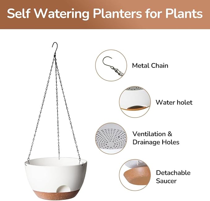 Hanging Planter, 12 Inch Self-Watering Hanging Planters for Indoor Outdoor Plants, Hanging Basket for Plants Flowers Outdoor (White)