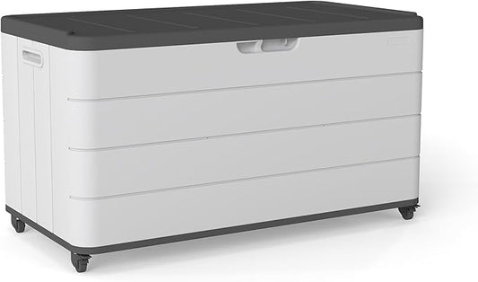 100GAL Square Storage Box (With Wheels) White，Waterproof Resin Storage Bin for Patio Cushions，Accessories，UV Resistan