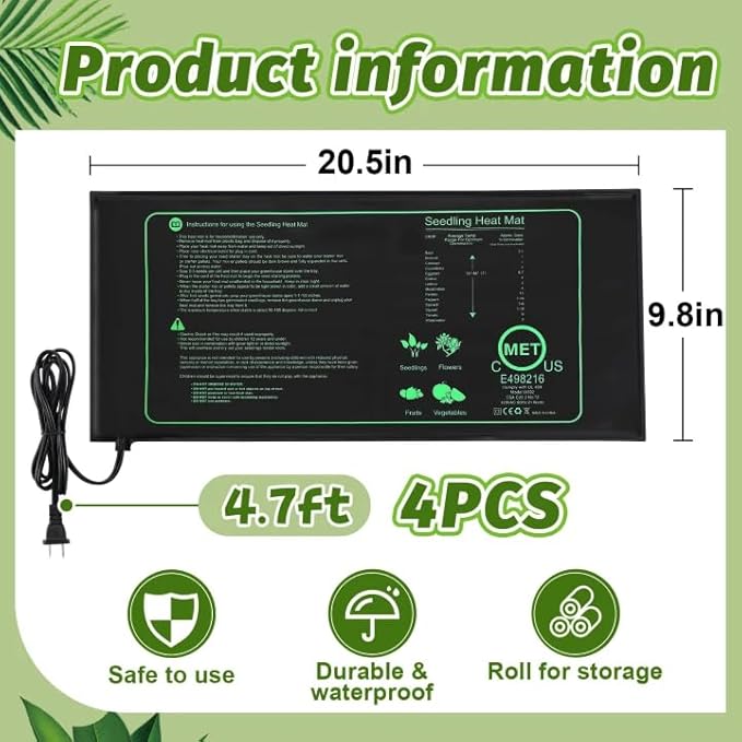 4 PCS Durable Seedling Heat Mat for Plants - 10'' x 20.5'' Bulk Seed Starting Heating Mat for Indoor Grarden Greenhouse, Waterproof Warm Hydroponic Seed Mat for Plant Germination Growth