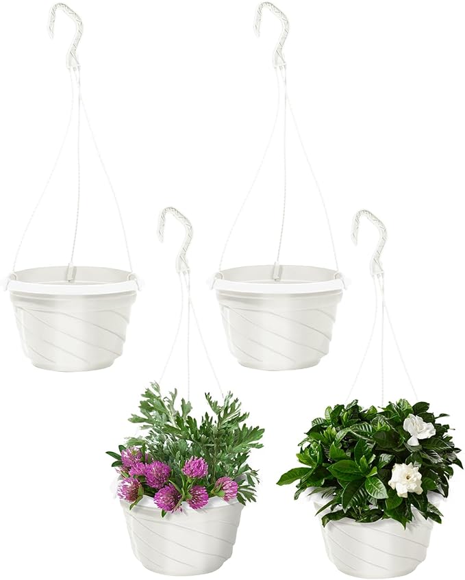 7inch Hanging Planters for Indoor Outdoor Plants,4 Pieces Plastic Hanging Flower Pots Chain Holder Garden Decoration,Round Plastic Hanging Baskets for Garden Porch Plants (Beige White)