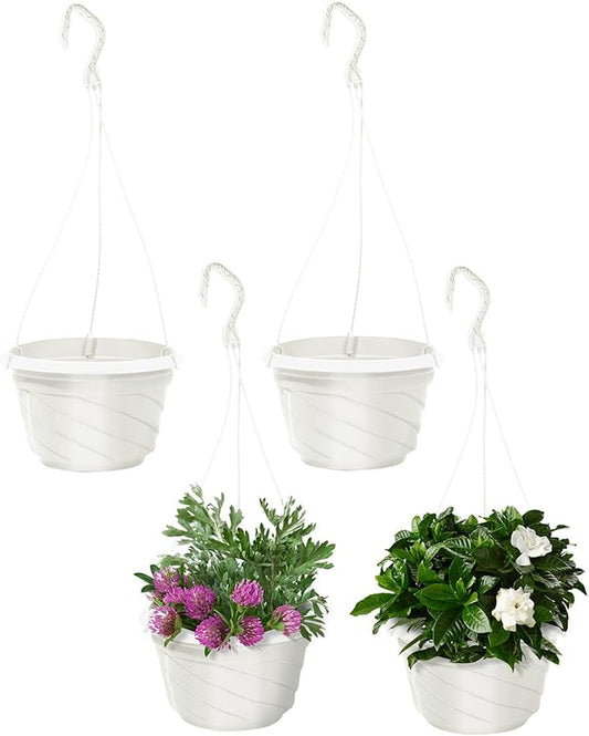 7inch Hanging Planters for Indoor Outdoor Plants,4 Pieces Plastic Hanging Flower Pots Chain Holder Garden Decoration,Round Plastic Hanging Baskets for Garden Porch Plants (Beige White)