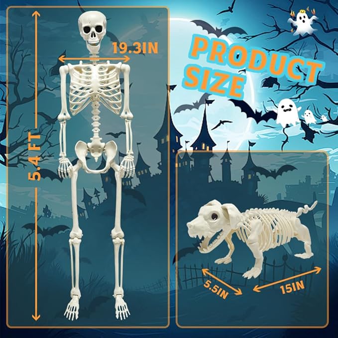 UMEELR 5.4FT Halloween Skeletons, Full Size Skeleton with Skeleton Dog, Plastic Life Size Human Skeletons for Halloween Graveyard Haunted House Party Decoration