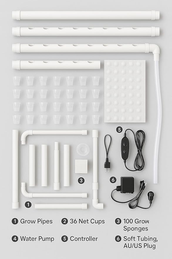 Hydroponic Plant Growing System with Water Pump & Sponges -36 Plant Sites 4 Food Grade PVC Hydroponics Kit! Indoor & Outdoor Planting Growing Stand for Vegetables, Herbs & Leafy Greens 42 inch