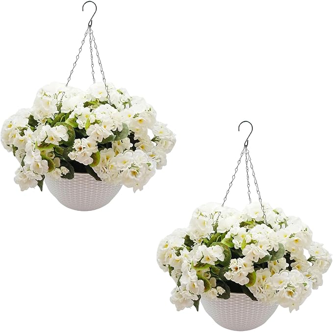 Hanging Planters with Plant Hangers for Indoor Outdoor Decor 2 Pack Artificial White Geranium 26CM Half-Round White Plastic Hanging Baskets with Durable Iron