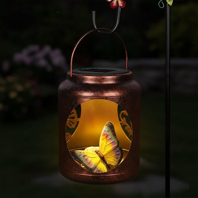 Solar Lanterns Outdoor Waterproof Metal Butterfly Patterns with Resin Butterfly Inside Garden Decor Gifts for Women Mom Grandma Hanging Solar Lights Decoration Outside for Yard, Patio, Backyard, Porch