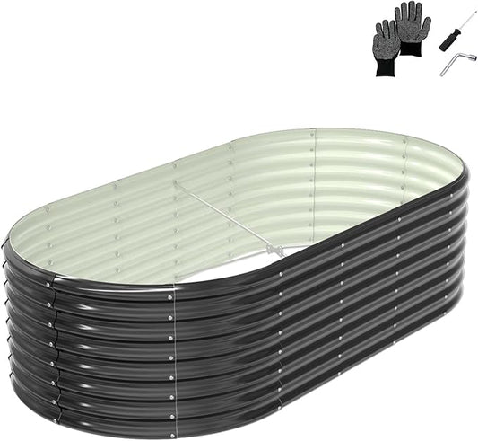 VINGLI 8x4x2ft Galvanized Raised Garden Beds, Oval Planter Boxes Outdoor, Raised Garden Bed for Gardening, Easy Assembly Planter Boxes for Vegetables (Black)
