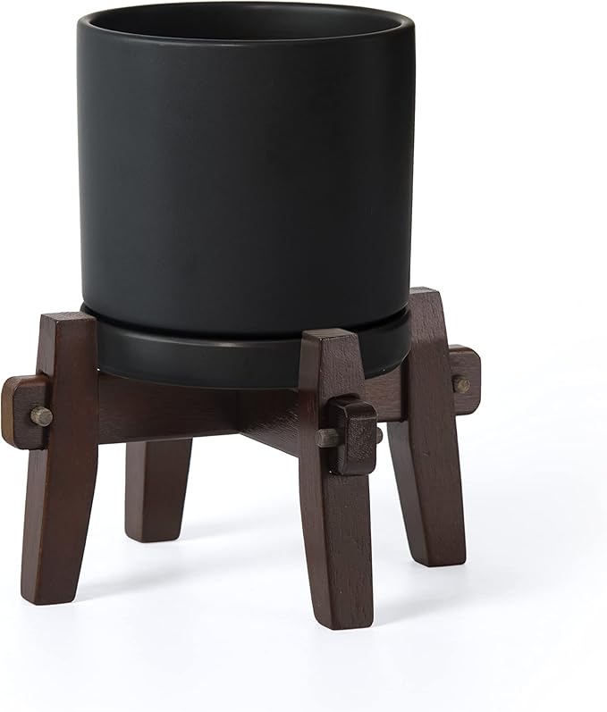D'vine Dev Ceramic Planter with Wood Stand - 6 Inch Mid Century Modern Cylinder Plant Pot Set for Indoor Plants & Flowers, Black, 55-A-Z-2