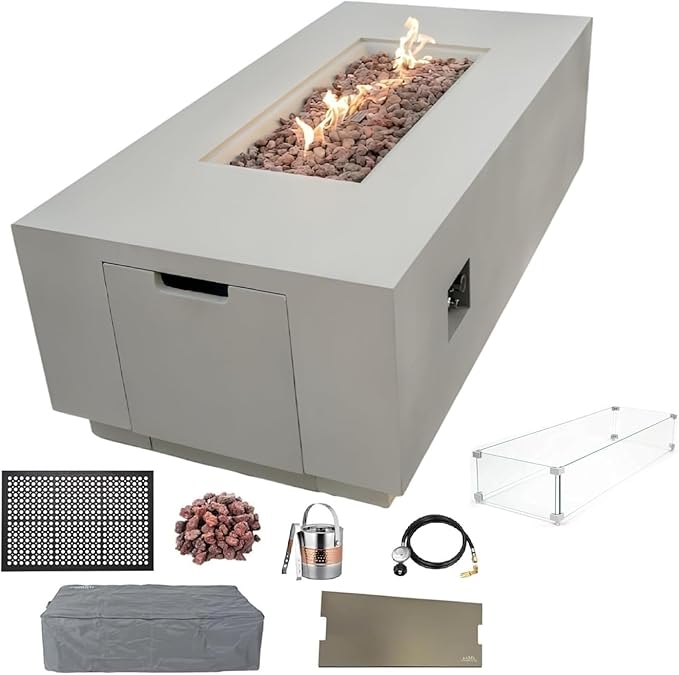 AMS Fireplace Sedona Fire Table Light Gray Liquid Propane Gas Pit Table for Outside Patio Bundle with Wind Guard, and SS Burner Lid | Free Rubber Mat & Ice Bucket