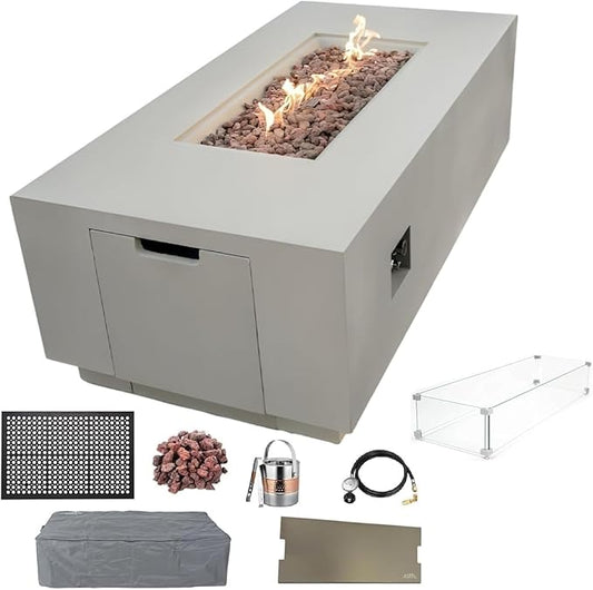 AMS Fireplace Sedona Fire Table Light Gray Liquid Propane Gas Pit Table for Outside Patio Bundle with Wind Guard, and SS Burner Lid | Free Rubber Mat & Ice Bucket